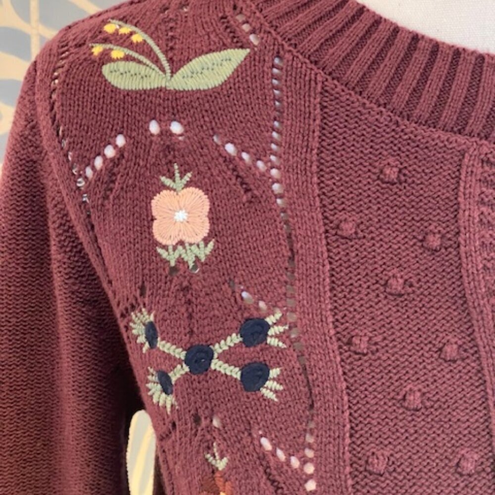 Lucky Brand Floral Embroidered Pointelle Cardigan Sweater Plum Size S - Picture 2 of 9